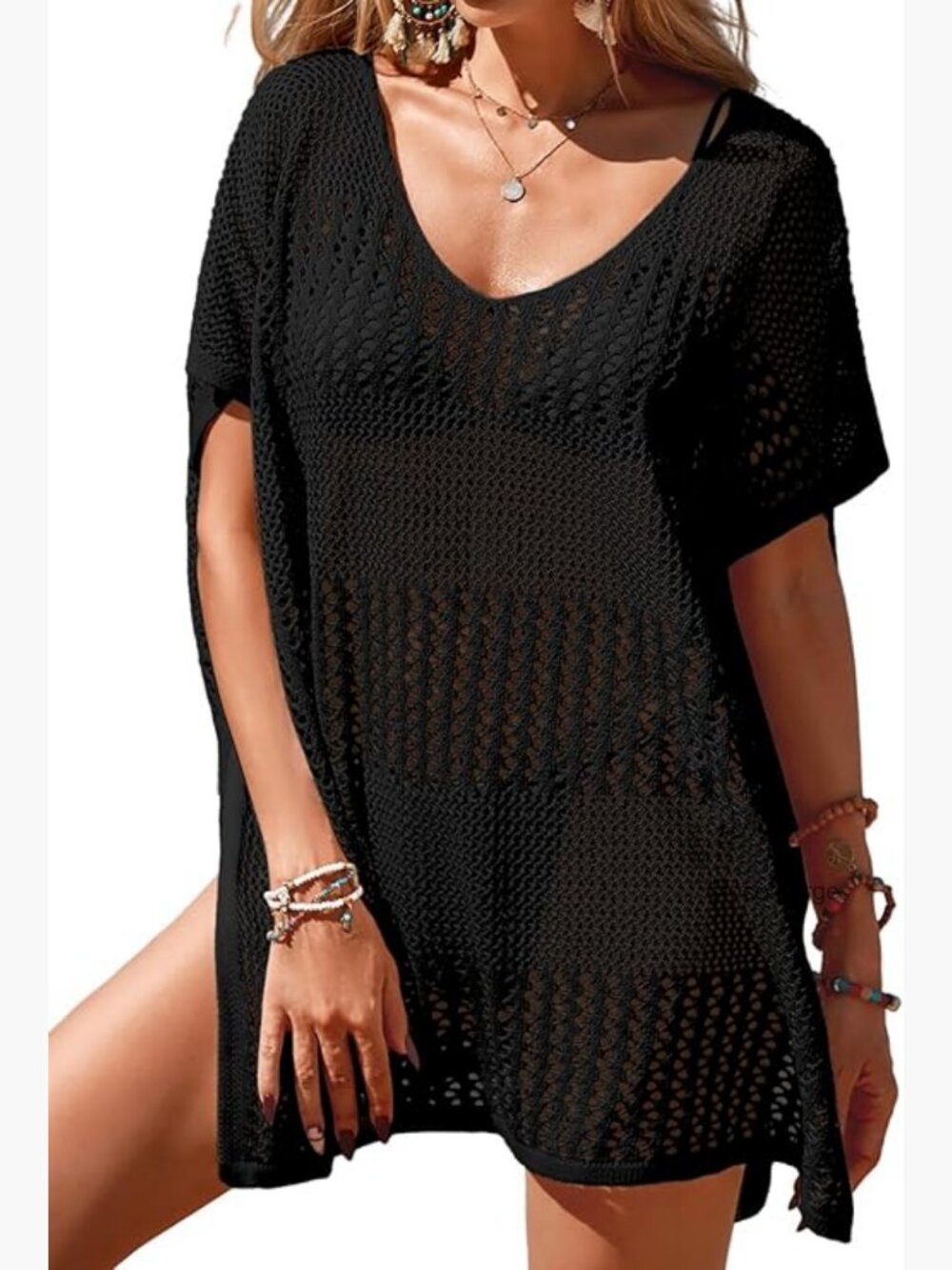 Oversized Crochet Beach Dress Cover Up Cap Sleeve Mini